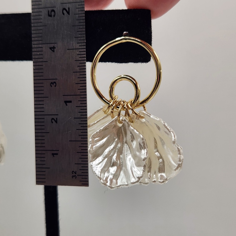 Gold Tone Hoop Earrings with White Petal Dangles Statement - Picture 4 of 6